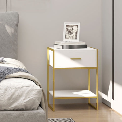 Rootz Bedside Night Table - Nightstand - Side Table - Optimal Storage - 45 x 40 x 60 cm White & Gold