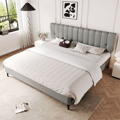 Rootz Gray Upholstered Bed - Elegant Bed Frame - Easy-Clean PU - Supports 300kg - 203L x 168W x 107.5H cm - Modern Design