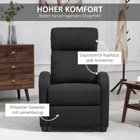 Rootz Reclining Chair - TV Chair - Cinema Chair - Cable Handle for Full Lying Position - Luxurious Padded Armrests - Linen-Polyester Fabric - Robust Steel Construction - Black - 69W x 156.5D x 74H cm