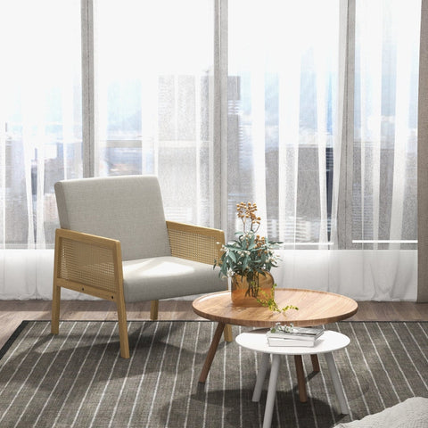 Rootz Accent Chair - Lounge Chair - Relaxing Chair - Rattan Look Armrests - Breathable Fabric - Floor Protectors - 65.5cm x 72cm x 78cm - Natural Wood Frame