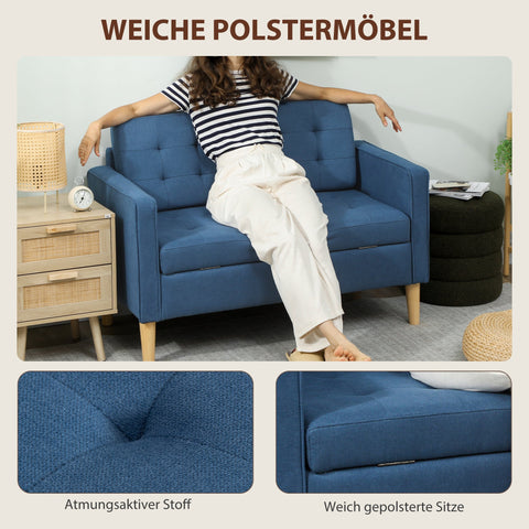 Rootz Two-Seater Sofa - Loveseat - Couch - Storage Bench - Space-Saving, Soft Velvet Comfort - 117x62x78cm - Blue
