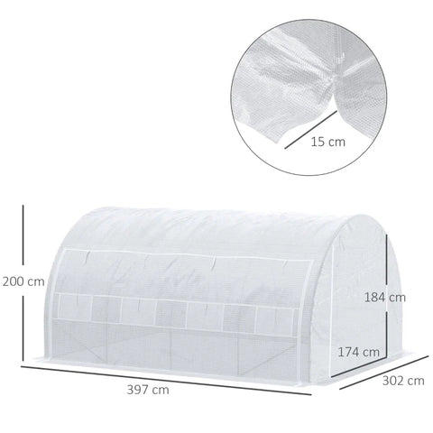 Rootz Tunnel Greenhouse - Walk-in Grow House Tent - Roll Up Walls - Zip Door - Galvanized Steel Frame - Reinforced Cover - White - 4x3x2m