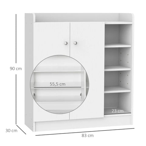 Rootz Shoe Cabinet - Shoe Chest - Shoe Rack - 4 Shelves - Maximum 12 Pairs - 1 Cupboard - Chipboard - Aluminum Alloy - White - 83cm X 30cm X 90cm