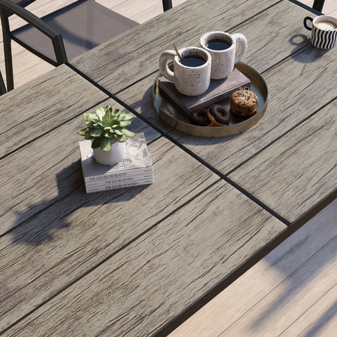 Rootz Garden Tables - Outdoor Table - Industrial Design - Patio Table - Weather Resistant - Wood Look - Aluminum Frame - Wood-plastic Composite Panel - Gray - 160l X 90w X 74h Cm