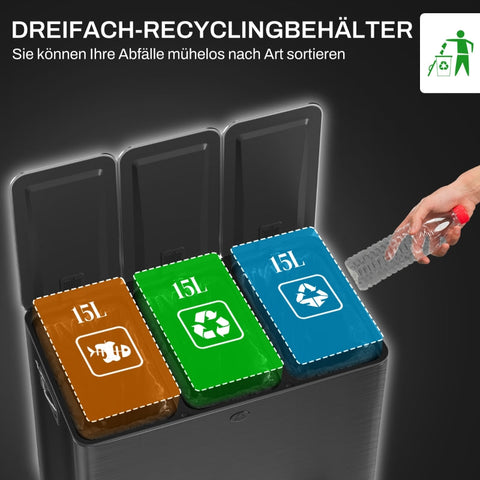 Rootz Triple Recycling Bin - Kitchen Trash Can - Waste Separation - Odor-Free - Stainless Steel - 61.9cm x 36.6cm x 43.2cm