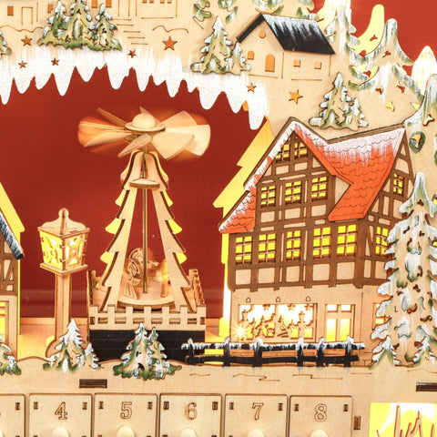 Rootz Festive Magical Christmas Advent Calendar - Wooden Village - LED Lights - 24 Day Countdown - MDF - 45cm x 9cm x 42.5cm