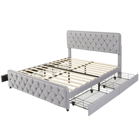 Rootz Upholstered Bed - Platform Bed - Storage Bed - Height-Adjustable Headboard - 211.5cm x 160cm x 108.5cm - Light Gray Linen Fabric