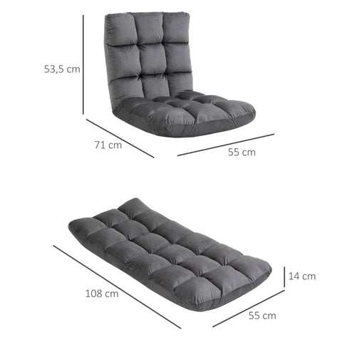 Rootz Armchair - Guest Mattress - Floor Chair - Adjustable Backrest - Velor Look - Seat Cushion - Gray - 55 cm x 71 cm x 53.5 cm