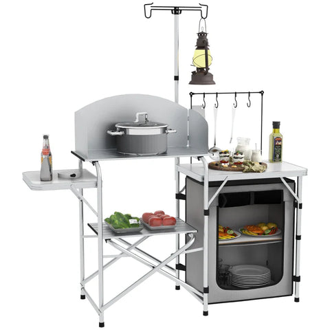 Rootz Camping Kitchen - Outdoor Kitchen - Uv Protection - Table Top - 3-sided - Carry Bag - Aluminum - 600d Oxford Fabric - Silver -  144L x 48W x 119H cm