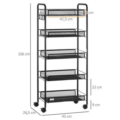 Rootz Service Trolley - Kitchen Cart - Rolling Utility Cart - 5-Tier Storage Rack - Space-saving - Steel & Plastic - 45cm x 26.5cm x 106cm