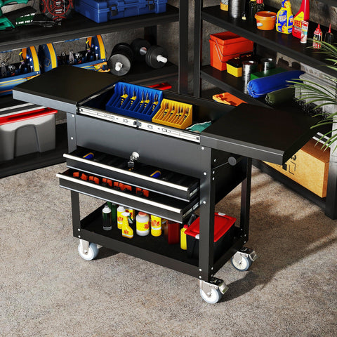 Rootz Rolling Tool Cabinet - Tool Box with Drawers - Storage Organizer - Mobile Workbench - Lockable Steel - 77.5-130L x 38W x 80H cm