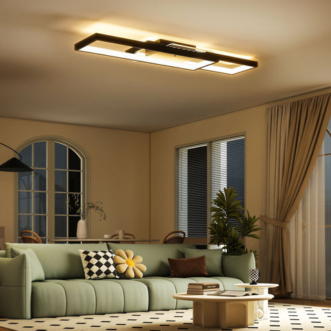 Rootz LED Ceiling Light – Modern Dimmable Panel, Flush Mount Fixture, Remote & Wall Switch, Adjustable Brightness, 70x30x7cm, Black