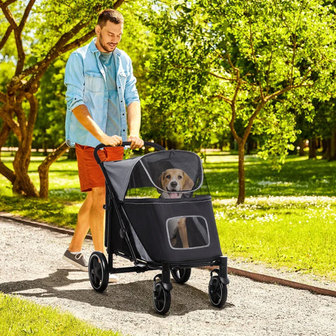 Rootz Foldable Dog Stroller - Pet Stroller - Dog Buggy - 1 Storage Basket - Universal Wheels - Shock Absorber - Gray - 112cm x 65cm x 100cm