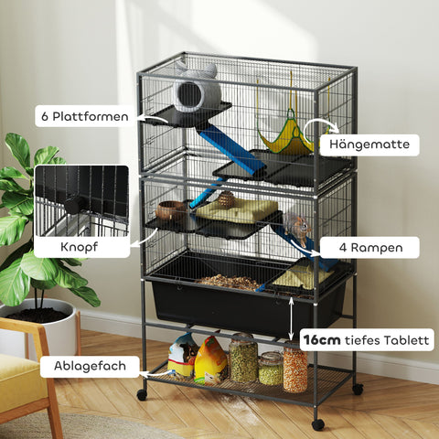 Rootz Small Animal Cage - Pet Cage - Rodent Enclosure - 5 Levels - Non-Slip Ramps - 88x48x150.5cm - Grey