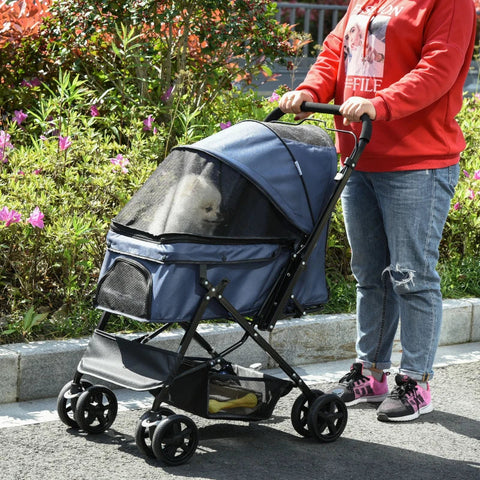 Rootz Folding Dog Buggy - Pet Cart - 1 Basket - 2 Brakes - Including Safety Leash - Oxford Fabric - Blue - 76.5L x 52W x 95H cm