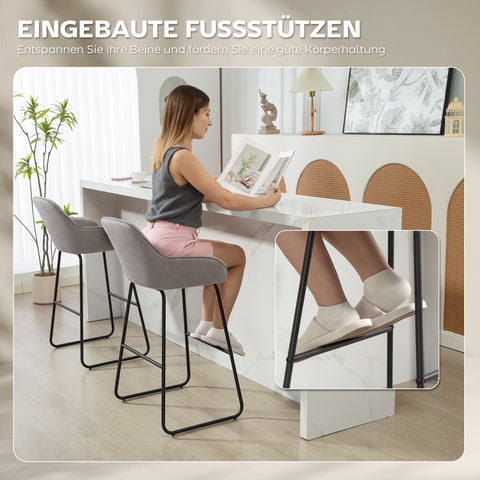 Rootz 2 Set Bar Chairs - Bar Stools - Upholstered Seats - Optimal Comfort - 50.5cm x 96cm - Metal Legs - Grey