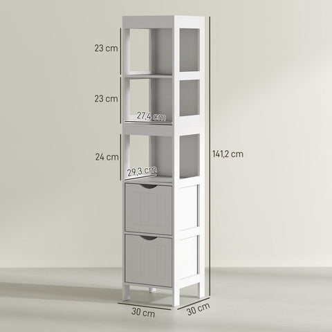 Rootz Compact Bathroom Cabinet - Space-Saving Bathroom Shelf - MDF Narrow Storage - Maximize Space - 30x30x141.2cm - Elegant White Finish