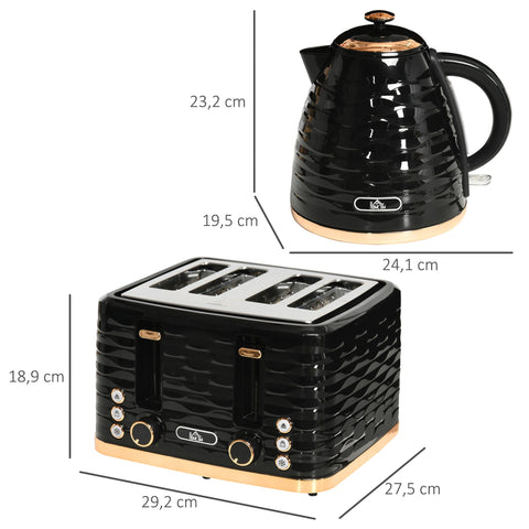 Rootz Black 2-in-1 Toaster and Kettle Set - Pebble Kitchen Set - Breakfast Appliance - 7 Browning Levels - 24.1cm x 19.5cm x 23.2cm