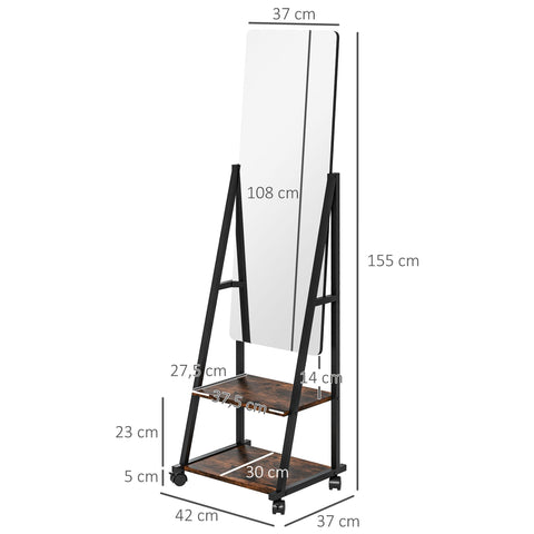 Rootz Standing Mirror - Full-Length Mirror - Floor Mirror - Adjustable Angles - 42cm x 37cm x 155cm