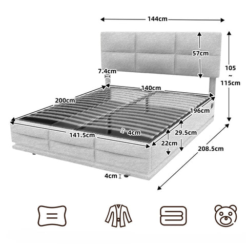Rootz Modern Bed - Storage Bed - LED Bed - USB Charging - Velvet Comfort - 208.5cm x 144cm x 105-115cm