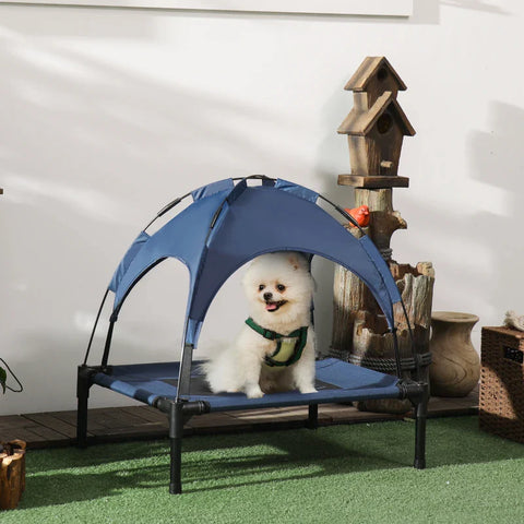 Rootz Pet Bed - Dog Bed - Outdoor Dog Bed with Canopy - Weather Resistant - Blue + Black - 61cm x 46cm x 62cm