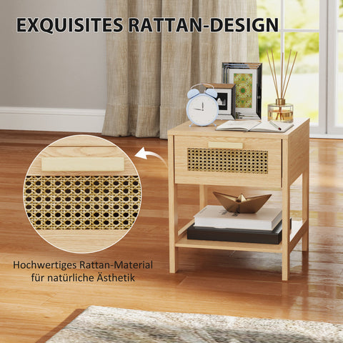 Rootz Bedside Night Cabinet - Side Table with Drawer - MDF - Rattan Design - 40 x 40 x 48.4 cm