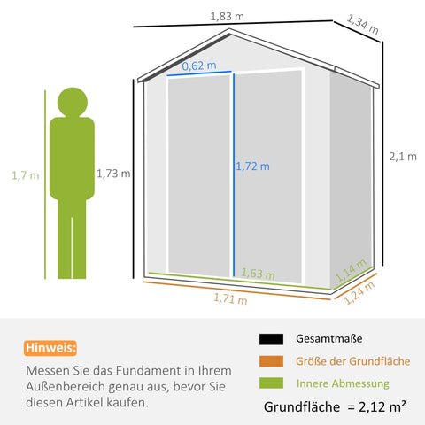 Rootz Metal Garden Shed - Tool Shed - Bicycle Shed - Lockable Double Door - Optimal Ventilation - 1.80 x 1.30 x 2.10m - Aluminum Frame - Gray