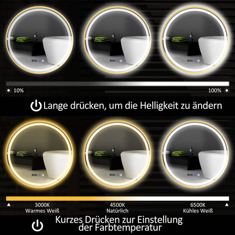 Rootz Round LED Bathroom Mirror - Anti-Fog Mirror - Touch Control Mirror - Adjustable Brightness - Ø60 x 3.5cm