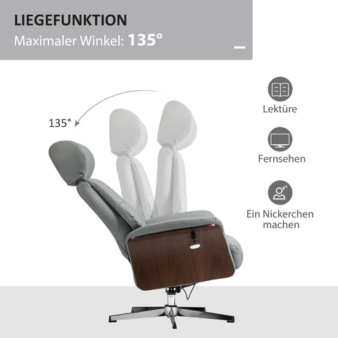 Rootz Relaxation Chair with Stool - Reclining Chair - Swivel TV Chair - 135° Tilt Function - 80W x 84D x 108H cm - Grey