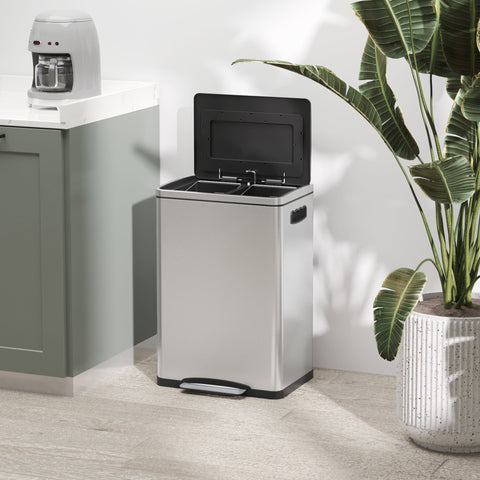 Rootz Garbage Can - Waste Bin - Trash Container - Quiet & Hygienic Experience - Stainless Steel, Silver, 2x 20L - 40cm x 34.8cm x 59cm