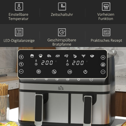 Rootz Hot Air Fryer - Deep Fryer - Dual Basket Fryer - 2700W - 8 Settings - Smart Finish - Healthier Meals - 41.8cm x 39.2cm x 31.1cm - Black + Silver