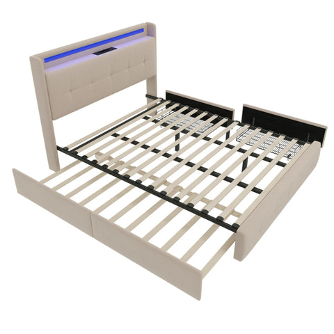 Rootz Double Bed with USB Headboard - Modern Guest Bed - Storage Beds - LED Lighting - 222cm x 148.5cm x 113cm