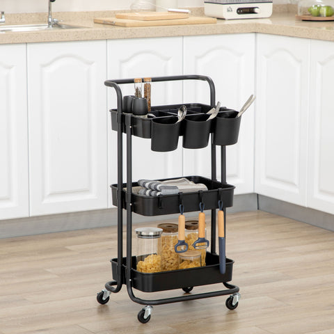Rootz 3 Tier Trolley Storage Baskets - Organizer Cart - Mobile Storage - Compact Design - 42cm x 38cm x 86.5cm