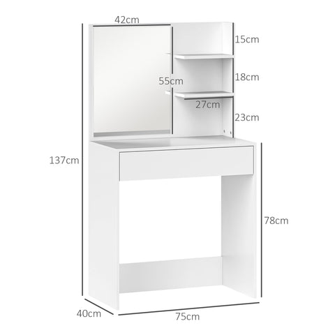 Rootz Dressing Table with Mirror - Make-up Table - Bedroom Vanity - Drawer & Shelves - 75l x 40t x 137h cm - Elegant Organization & Safety