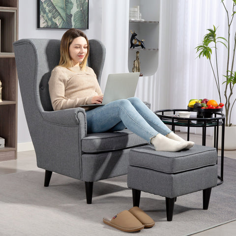 Rootz Wing Chair with Foot Stool - Upholstered Armchair - Comfortable High Backrest - 75cm x 83cm x 104cm - Elegant Grey Linen-Like Fabric