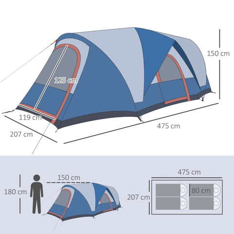 Rootz Camping Tent - Outdoor Shelter - Family Tent - Spacious Design - Water-Repellent - UV-Resistant - 475L x 207W x 150H cm