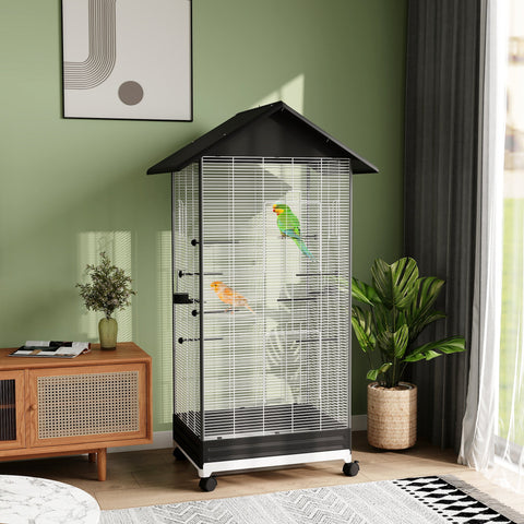 Rootz Freestanding Bird Cage on Wheels - Aviary - Pet Enclosure - Easy Mobility - 79 x 65 x 155 cm Steel Wire, Black