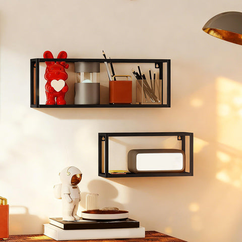 Rootz Set of 2 Wall Shelves - Floating Shelves - Display Racks - Space-Saving, 15kg Load - Steel, Black, 60x12x21cm & 40x12x19cm