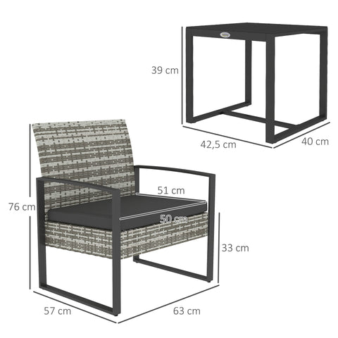 Rootz 3-Part Garden Lounge Set - Outdoor Furniture - Patio Seating - Comfortable with Cushions - 63cm x 57cm x 76cm Chair, 42.5cm x 40cm x 39cm Table