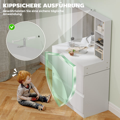 Rootz Dressing Table - Make-up Vanity - Beauty Station - Large Mirror - 122.5cm x 71.3cm x 38.5cm - MDF, White - Ample Storage Space