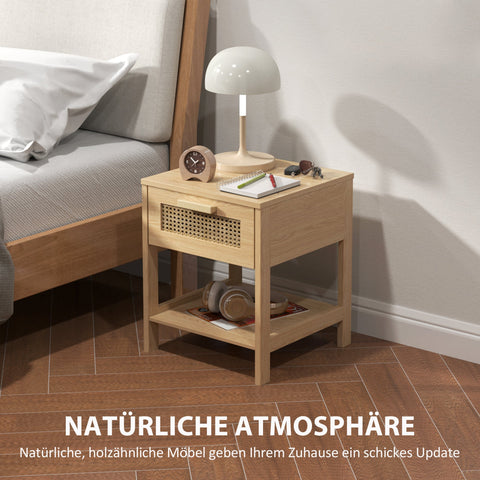 Rootz Bedside Night Cabinet - Side Table with Drawer - MDF - Rattan Design - 40 x 40 x 48.4 cm