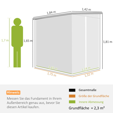 Rootz Metal Garden Shed - Storage Shed - Equipment House - Lockable Door - 142 x 184 x 165/181 cm - Grey