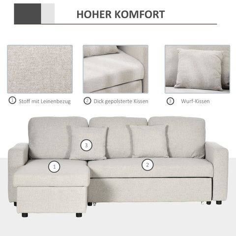 Rootz Corner Sofa Bed - Sleeper Lounge - L-Shaped Sofa - Storage Space - White - 225cm x 140cm x 88cm