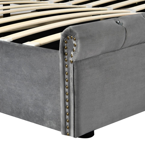 Rootz Upholstered Bed - Height-Adjustable Headboard - Slatted Frame - Comfort Back Support - 219cm x 169cm x 92/97/105cm - Grey Velvet