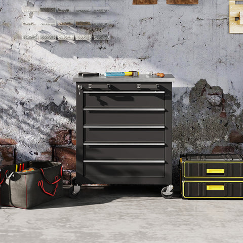 Rootz 5 Drawer Tool Cabinet – Rolling Tool Box – Steel Tool Trolley – Secure Storage – Organizes Tools – 65.5x34.5x76 cm – Silver + Black