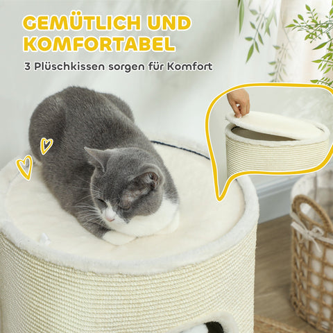 Rootz 3 Tier Cat Scratching Barrel - Cat Tower - Indoor Cat House - Sisal Cover Protects Furniture - Ø42 x 69H cm - Grey