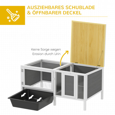 Rootz Rabbit Hutch - Wooden Bunny House - Outdoor Cage - Spacious Enclosure - Easy Cleaning Pull-Out Tray - 105 x 57.5 x 51.5 cm - Grey