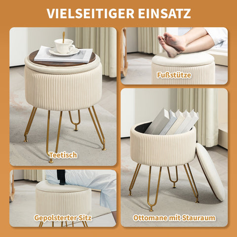 Rootz 2 in 1 Storage Stool - Footrest - Side Table - Space-saving, 13.5L Storage, Velvet Fabric, Ø40 x 48H cm