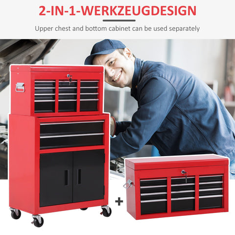 Rootz Tool Cabinet & Box - Rollable Drawer Organizer - Red Metal Storage - Lockable & Anti-Slip - 61.6cm x 33cm x 108cm
