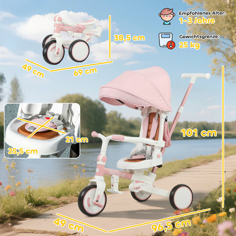 Rootz Children's Drei Bike - Changeable Baby Buggy - Adjustable Tricycle - 5-in-1 Design - Secure Ride - Pink and White - 96.5cm x 49cm x 101cm